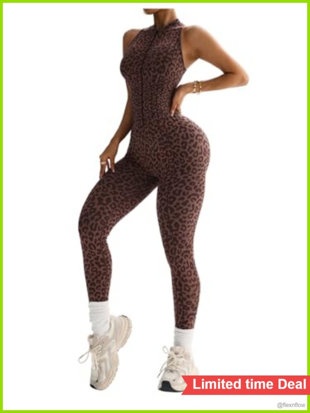 Leopard Zip Front Sleeveless Jumpsuit Yoga Workout Romper Unitard